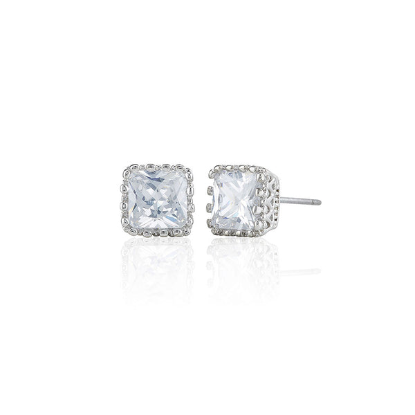 Silver Antique Princess Cut Stud Earrings