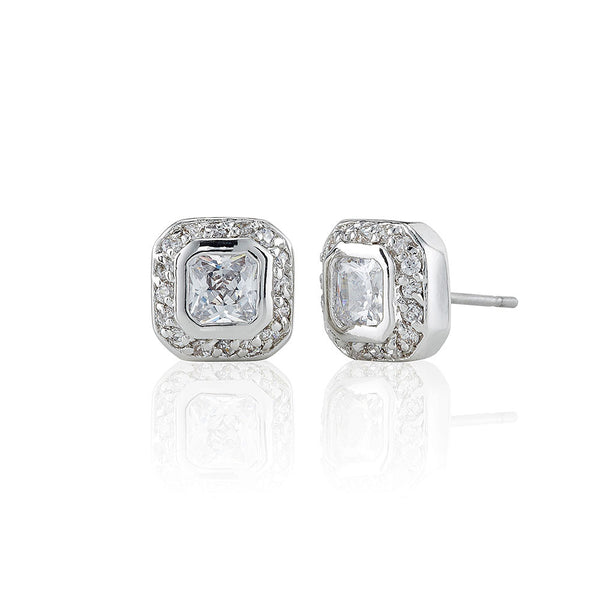 Silver Surround Set Princess Stud Earrings