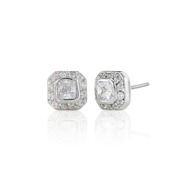 Silver Surround Set Princess Stud Earrings