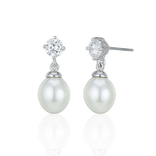 Silver Pearl Drop Stud Earrings